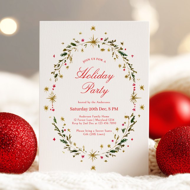 Invitation Couronne de Noël festive de fête de vacances en or (Créateur téléchargé)