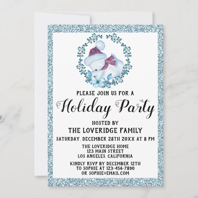 Invitation Couronne de Noël Fête de fin d'année Paillettes Bl (Devant)