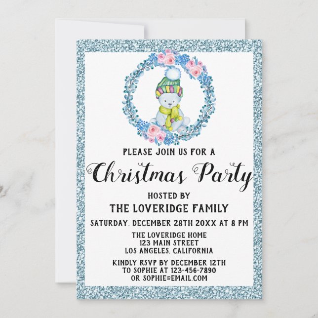 Invitation Couronne de Noël Fêtes de fin d'année Bleu Paillet (Devant)