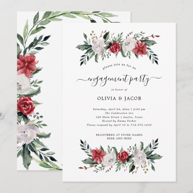 Invitation Couronne de Noël | Floral Holiday Engagement Party (Devant / Derrière)