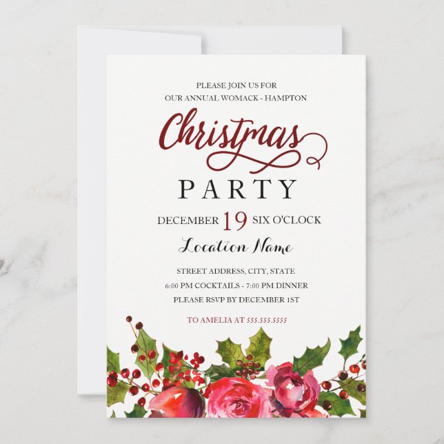 Invitation Couronne de Noël florale à l'aquarelle (Devant)