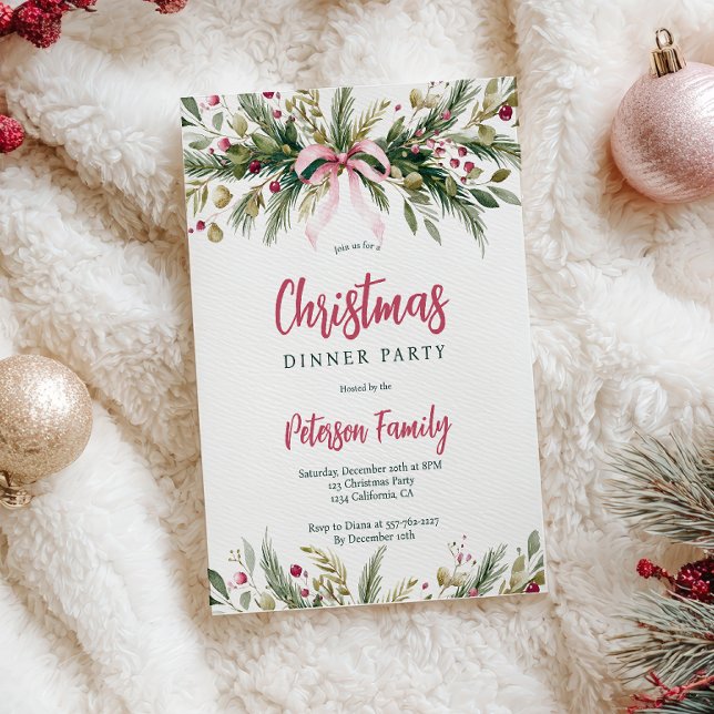 Invitation Couronne de Noël Grandmillennial Ruban Coquette Ro (Pink Coquette Bow Grandmillennial Christmas Wreath Invitation)