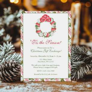 Invitation Couronne de Noël Magnolia Ruban Rouge Aquarelle Fê