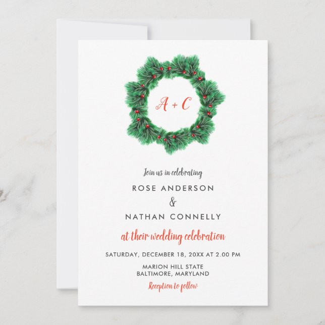 Invitation Couronne de Noël | Monogramme de mariage d'hiver (Devant)