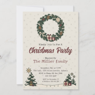Invitation Couronne de Noël nordique vintage pour fête de fin