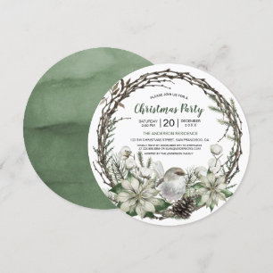 Invitation Couronne de Noël Poinsettia et Oiseau d'Hiver