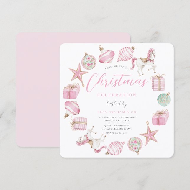 Invitation Couronne de Noël Princesse Rose Fête de Noël  (Devant / Derrière)
