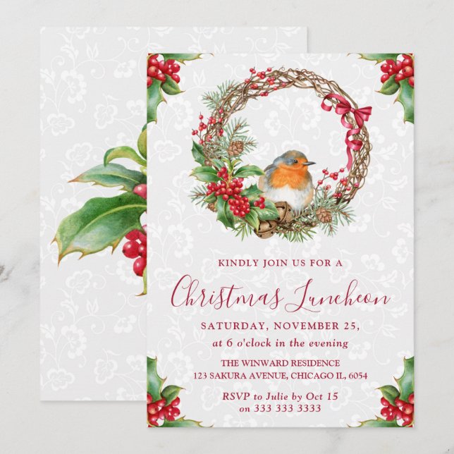 Invitation Couronne de Noël Robin & Holly Berry pour le déjeu (Devant / Derrière)