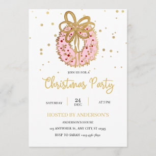Invitation Couronne de Noël rose avec ruban doré 
