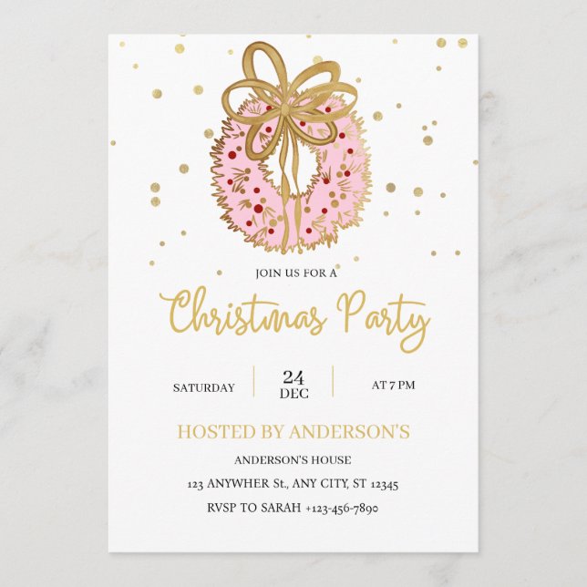 Invitation Couronne de Noël rose avec ruban doré  (Devant)