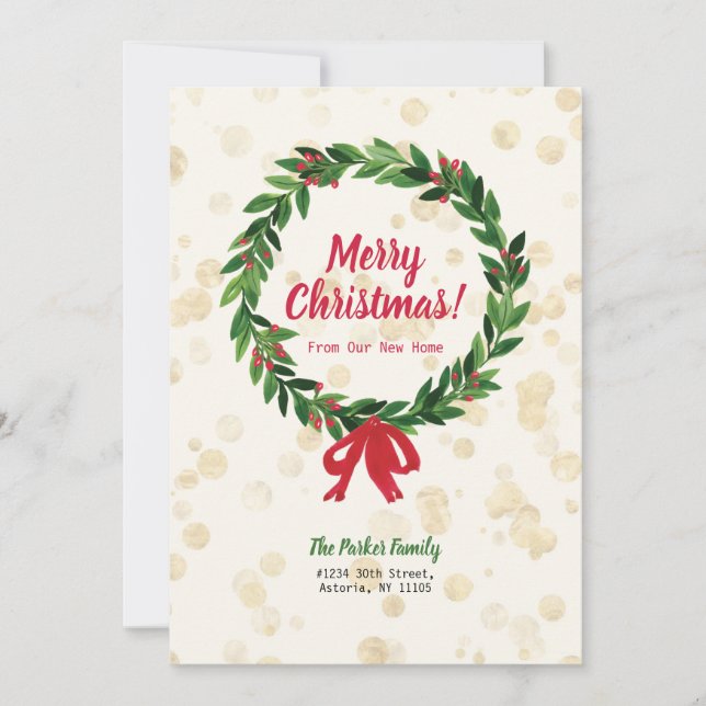 Invitation Couronne de Noël Rouge & Vert Annonce de déménagem (Devant)