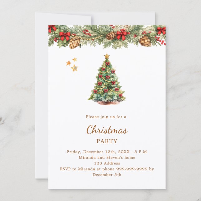 Invitation Couronne de Noël rubans rouges Fête de Noël (Devant)