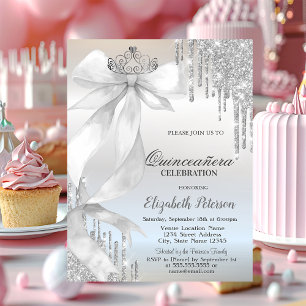 Invitation Couronne de nœud blanc pailleté gouttes argentées 