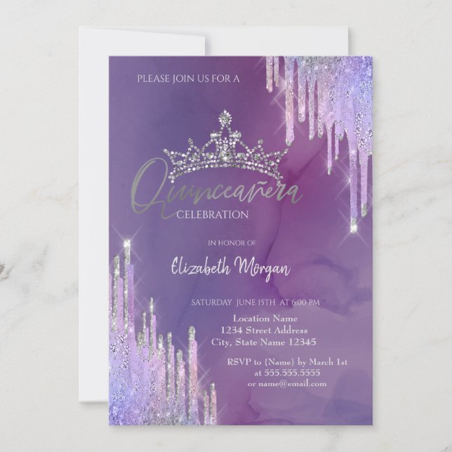 Invitation Couronne de paillettes chic en goutte violette pou (Devant)