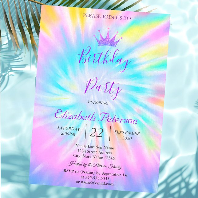 Invitation Couronne de paillettes chic Tie Dye Anniversaire (Créateur téléchargé)