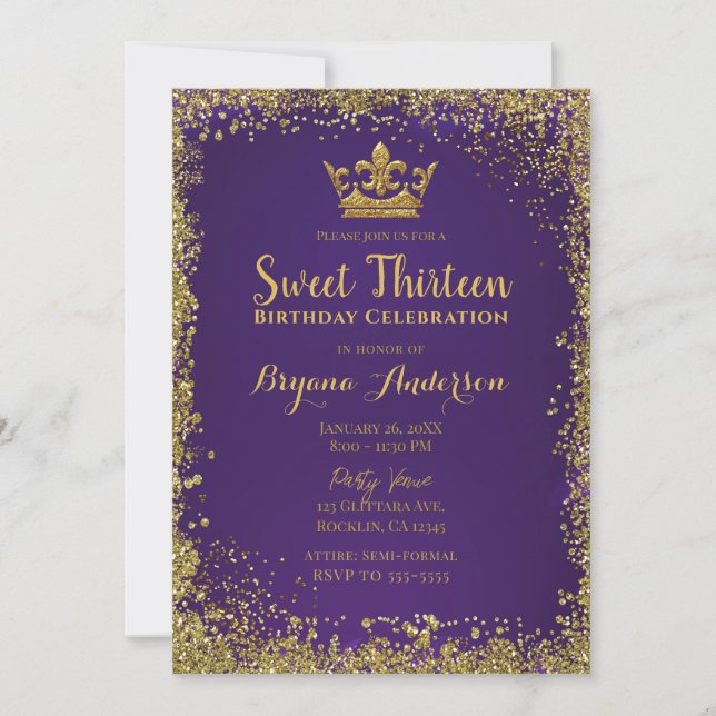 Invitation Couronne de paillettes violettes et or pour une do (Devant)