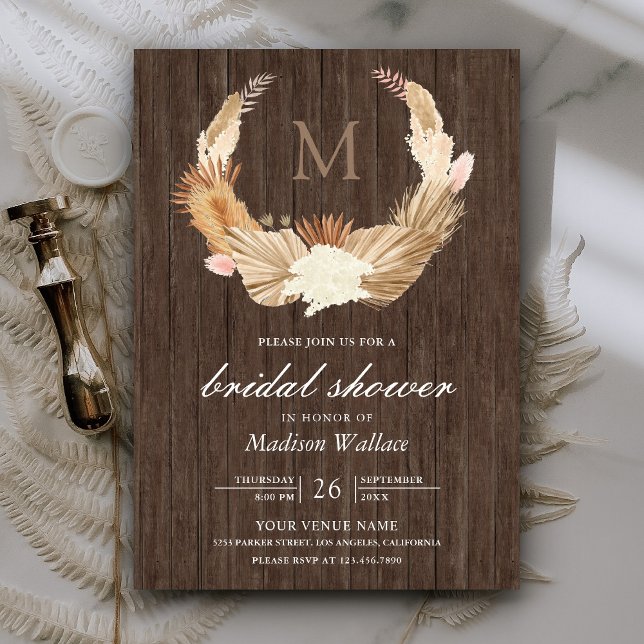 Invitation Couronne de Pampas en Bois Rustique pour Mariage (Créateur téléchargé)