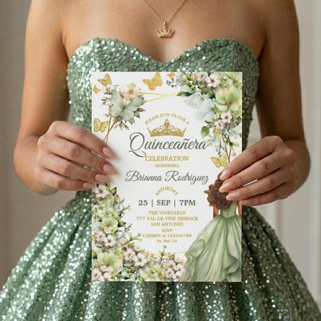 Invitation Couronne de papillon de Tiara dorée verte sauge Qu (Créateur téléchargé)