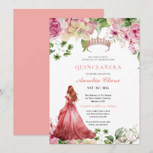 Invitation Couronne de papillon floral rose poudrée Quinceañe