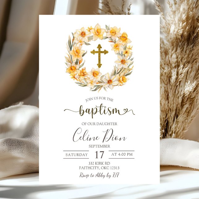 Invitation Couronne de Pâques Fleurie Jonquille Baptême (Créateur téléchargé)