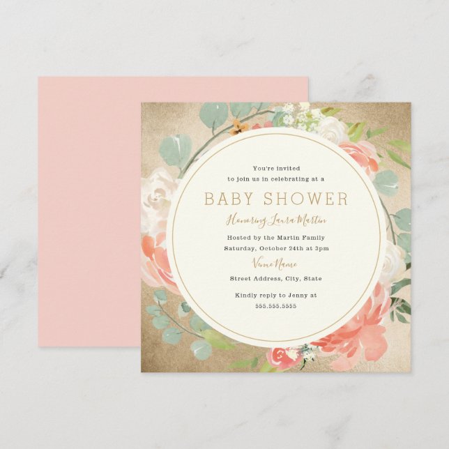Invitation Couronne de pêche dorée scintillante Baby Shower f (Devant / Derrière)