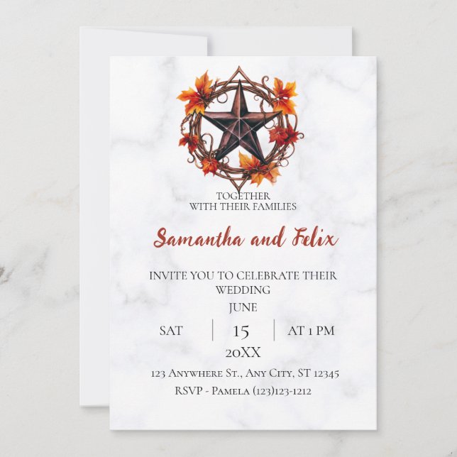 Invitation Couronne de Pentacle d'Automne Mariage en Marbre (Devant)