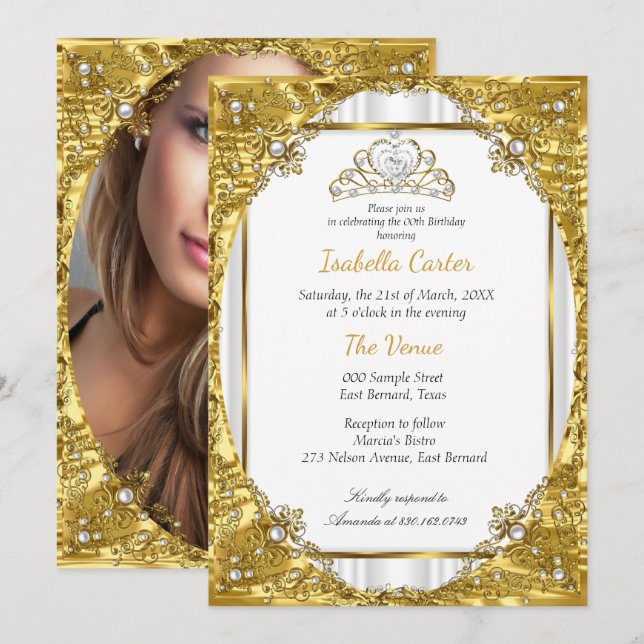 Invitation Couronne de perles blanche or Photo fête d'anniver (Devant / Derrière)