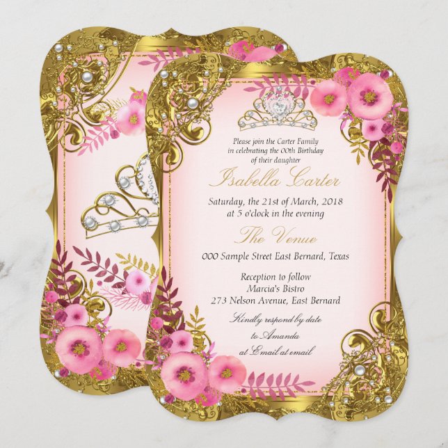 Invitation Couronne de perles blanches et or à fleurs roses p (Devant / Derrière)