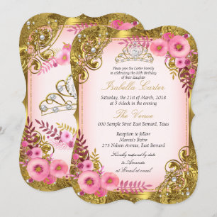 Invitation Couronne de perles blanches et or à fleurs roses p