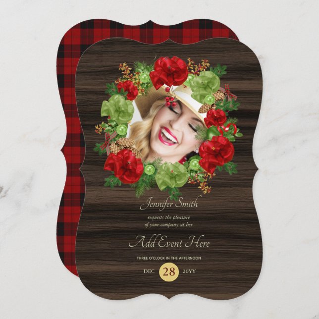 Invitation Couronne de photo à carreaux rustique buffle moder (Devant / Derrière)