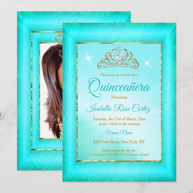Invitation Couronne de photo de Quinceanera bleu sarcelle Dam (Devant / Derrière)