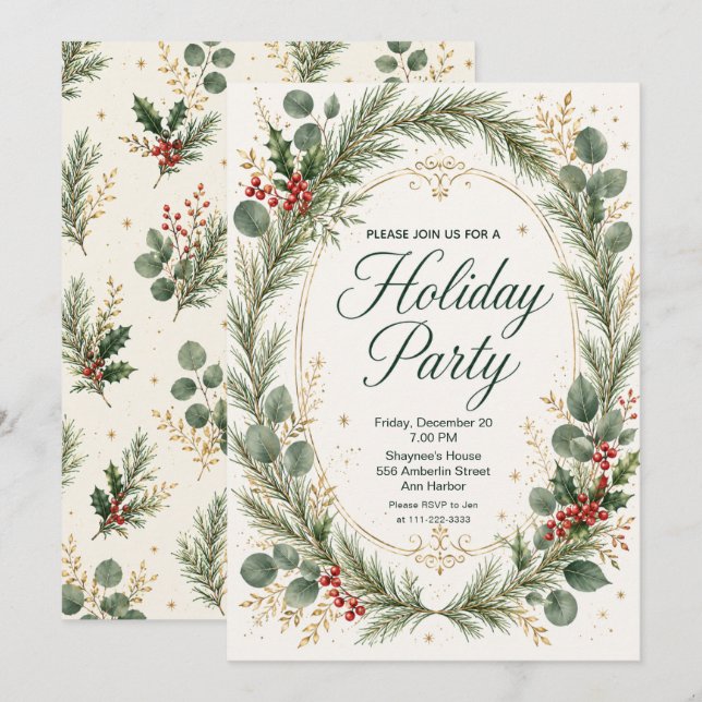Invitation Couronne de pin de fête (Devant / Derrière)