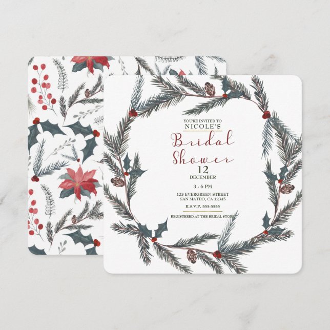 Invitation Couronne de pin hivernal botanique pour la douche  (Devant / Derrière)