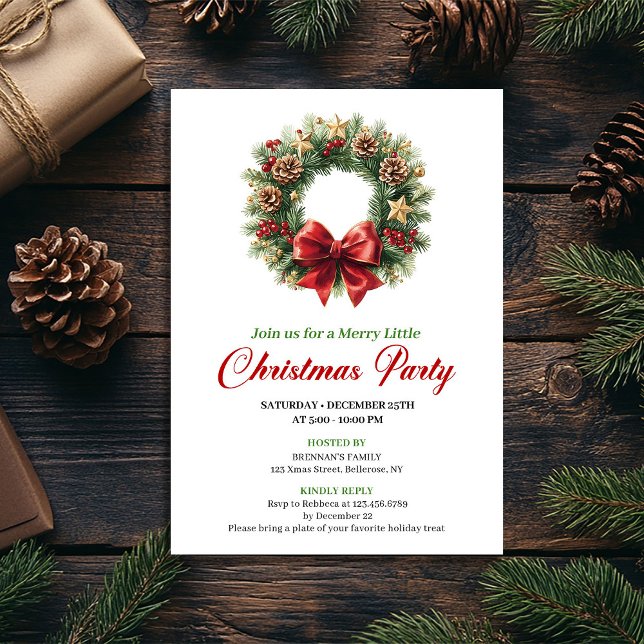 Invitation Couronne de pin rouge élégant pour Noël (Elegant Red Gold Pine Wreath Christmas Party Invitation)