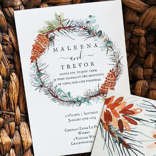 Invitation Couronne de Pinecone d'hiver, Mariage d'Eucalyptus