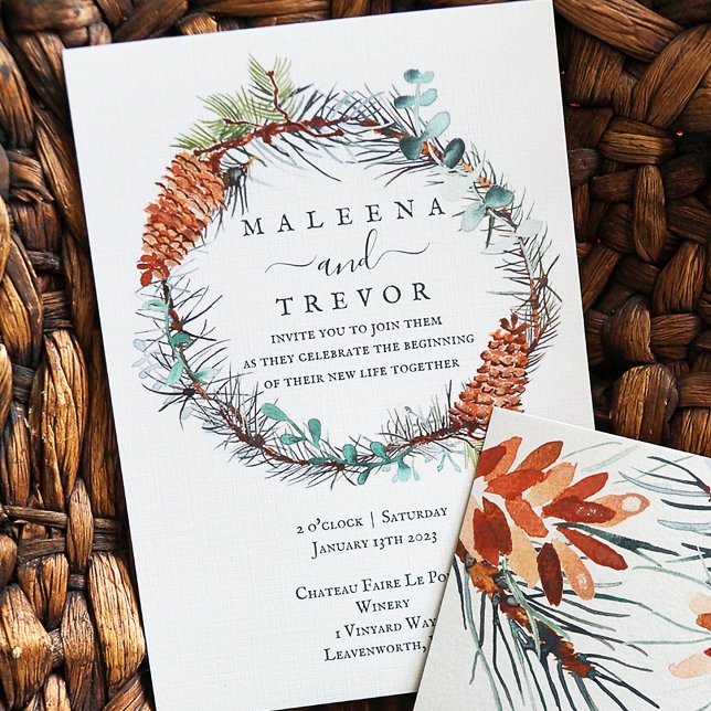 Invitation Couronne de Pinecone d'hiver, Mariage d'Eucalyptus (Pine Needle Wreath with Eucalyptus and Pinecones)