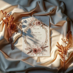 Invitation Couronne de plumes bohème fleurs roses mariage dor