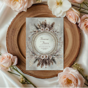 Invitation Couronne de plumes bohème mariage floral rose