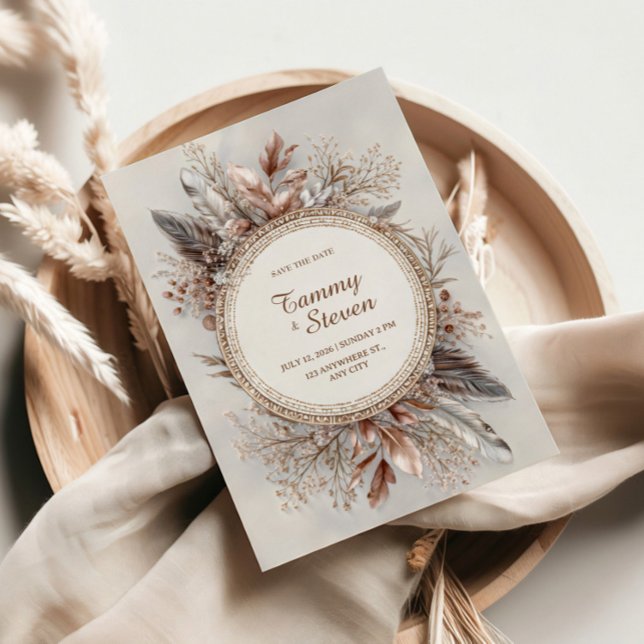 Invitation Couronne de plumes Boho tons terre cadre doré mari (Créateur téléchargé)