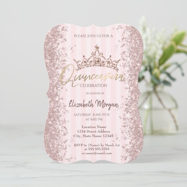 Invitation Couronne de poussière de glitter or rose avec rayu (Debout devant)