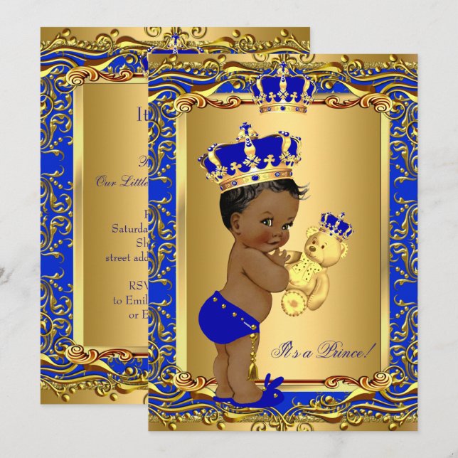 Invitation Couronne de prince bleu royal bébé douche ours eth (Devant / Derrière)