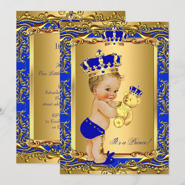 Invitation Couronne de prince bleu royal bébé Shower Ours Blo (Devant / Derrière)