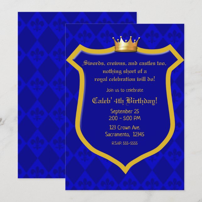 Invitation Couronne de Prince de la Fête Bleu Électrique Roya (Devant / Derrière)