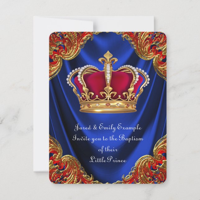 Invitation Couronne de prince garçon baptême satin bleu royal (Devant)
