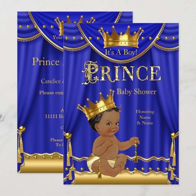 Invitation Couronne de prince royal bleu bébé Shower or Ethni (Devant / Derrière)