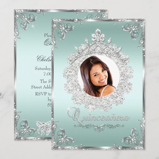 Invitation Couronne de princesse argentée et paillettes de me (Devant / Derrière)
