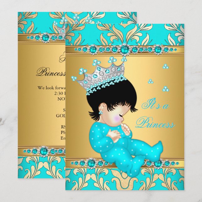 Invitation Couronne de Princesse Bébé Fille de Bain Turquoise (Devant / Derrière)
