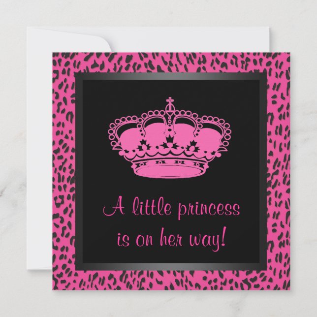 Invitation Couronne de princesse bébé fille rose fuchsia léop (Devant)