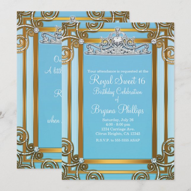 Invitation Couronne de princesse bleue et or Tiara Sweet 16 P (Devant / Derrière)