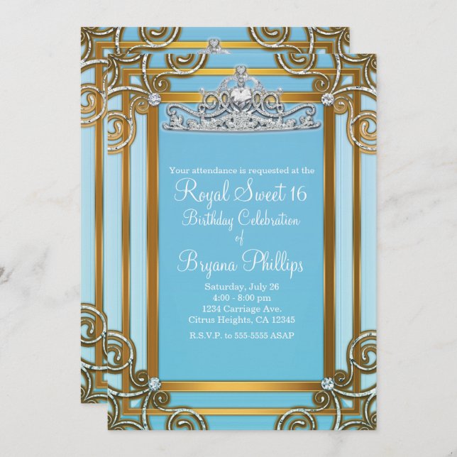 Invitation Couronne de princesse bleue et or Tiare Sweet 16 P (Devant / Derrière)